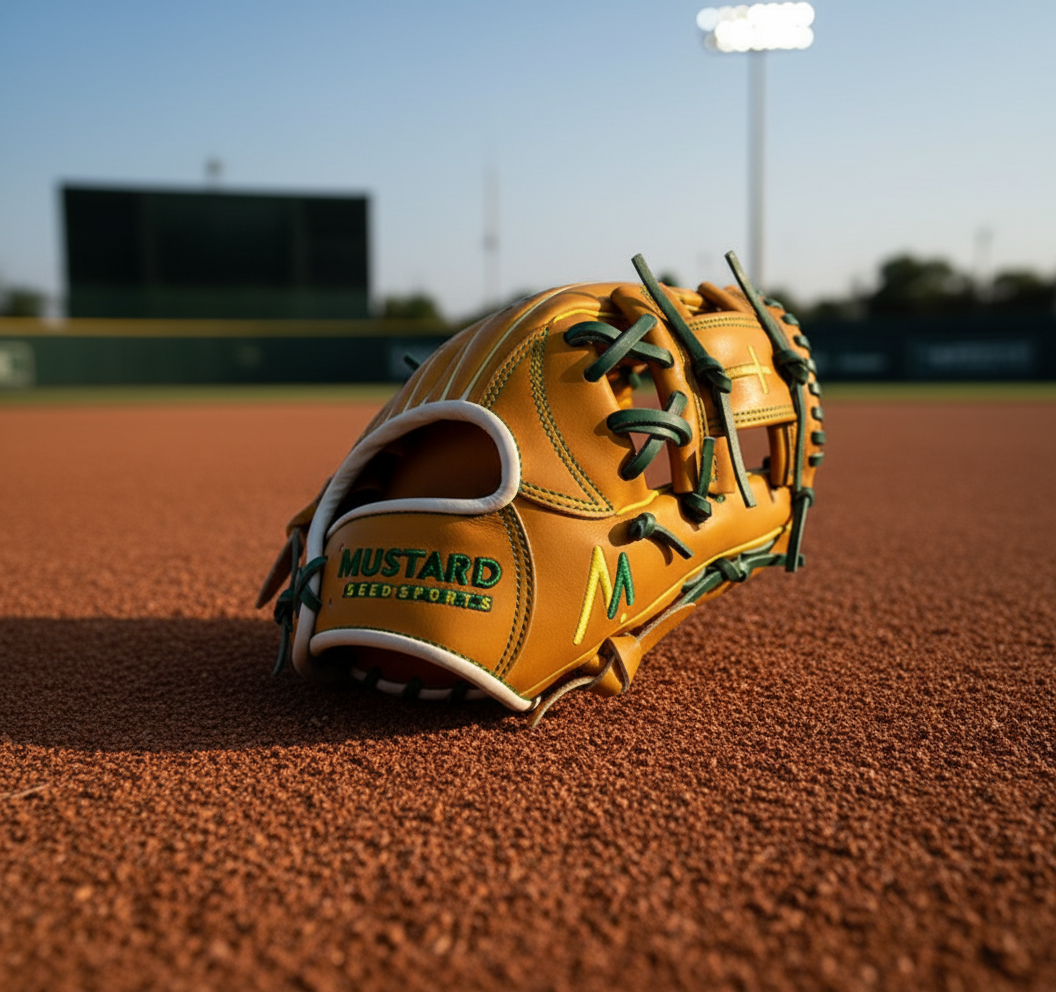 Mustard Seed Victory Pro Glove in dramatic baseball field setting